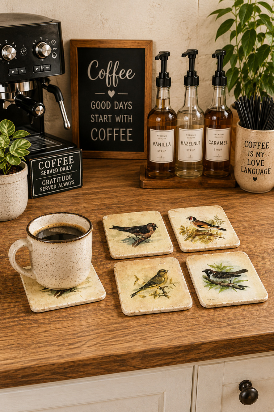 Set of 4 Sparrow Finch Tile Coasters w/ Cork Back